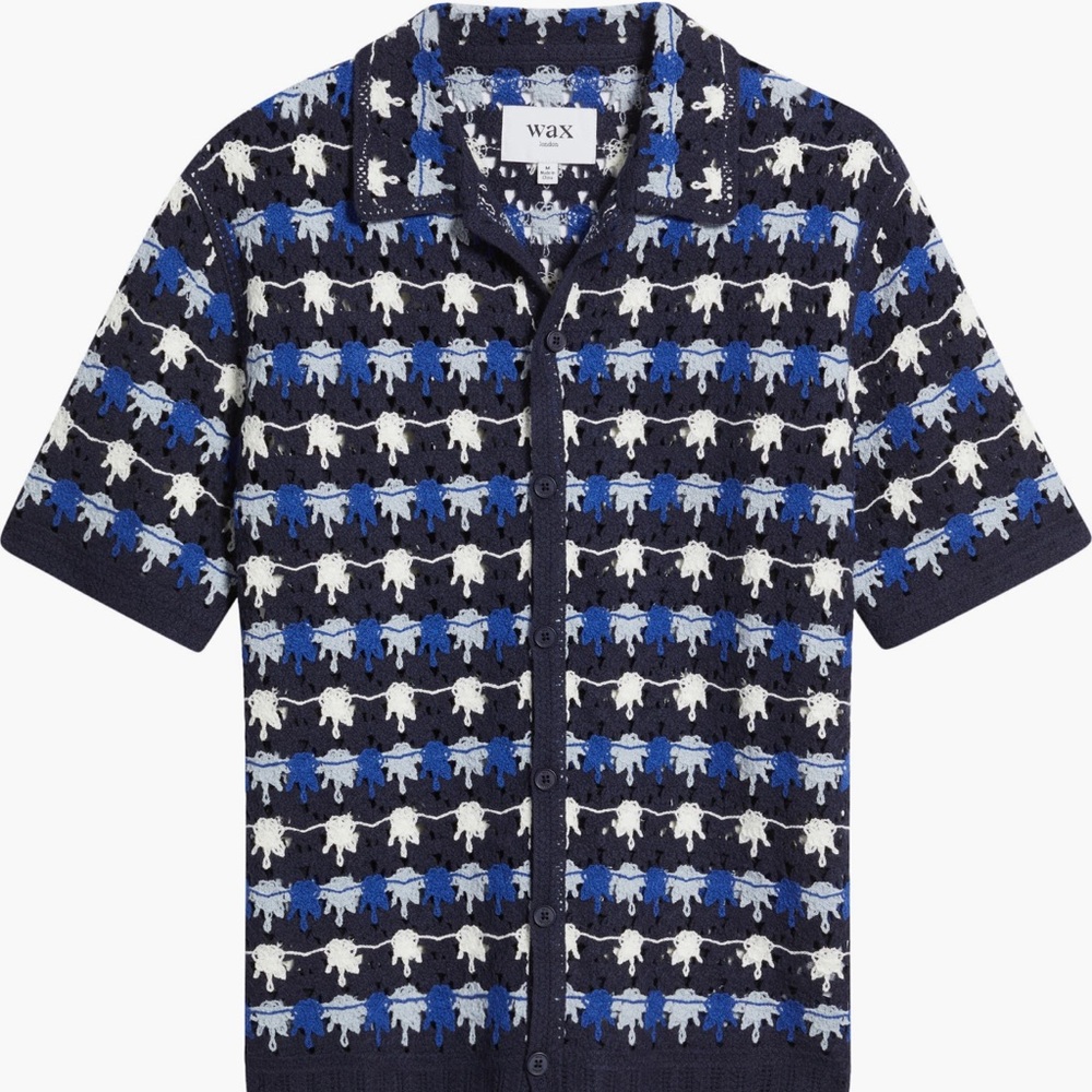 Wax London Porto Splash Crochet Blue and White Camp Shirt - NWT
